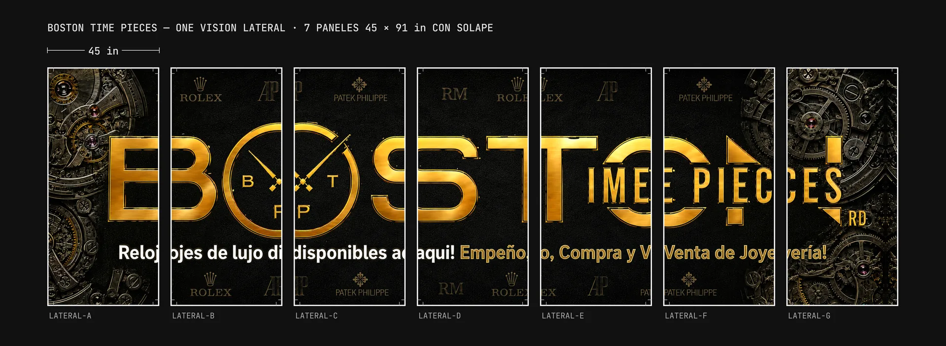 Boston Time Pieces side one-vision in 7 panels of 45 × 91 in